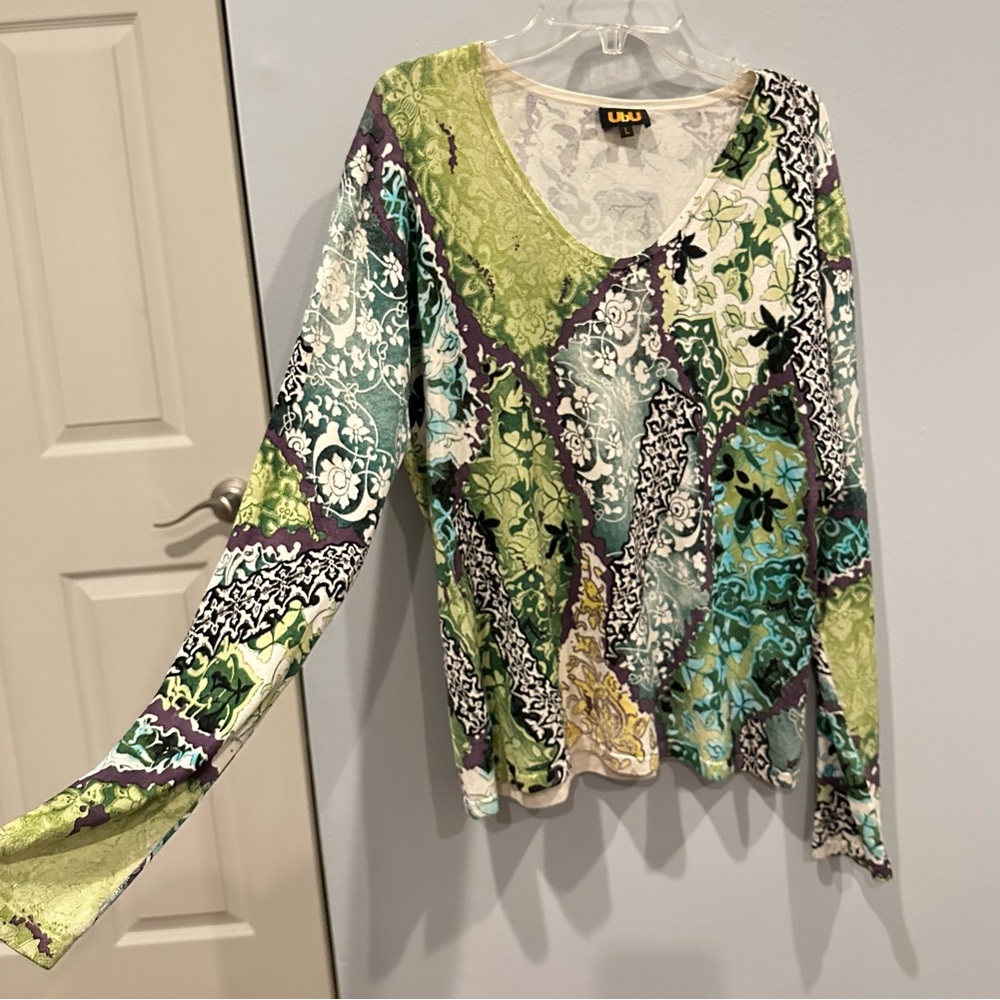 Silk Lightweight Knit Long Sleeve Sweater V-Neck Abstract Floral Y2K Grunge Lg - Picture 5 of 16
